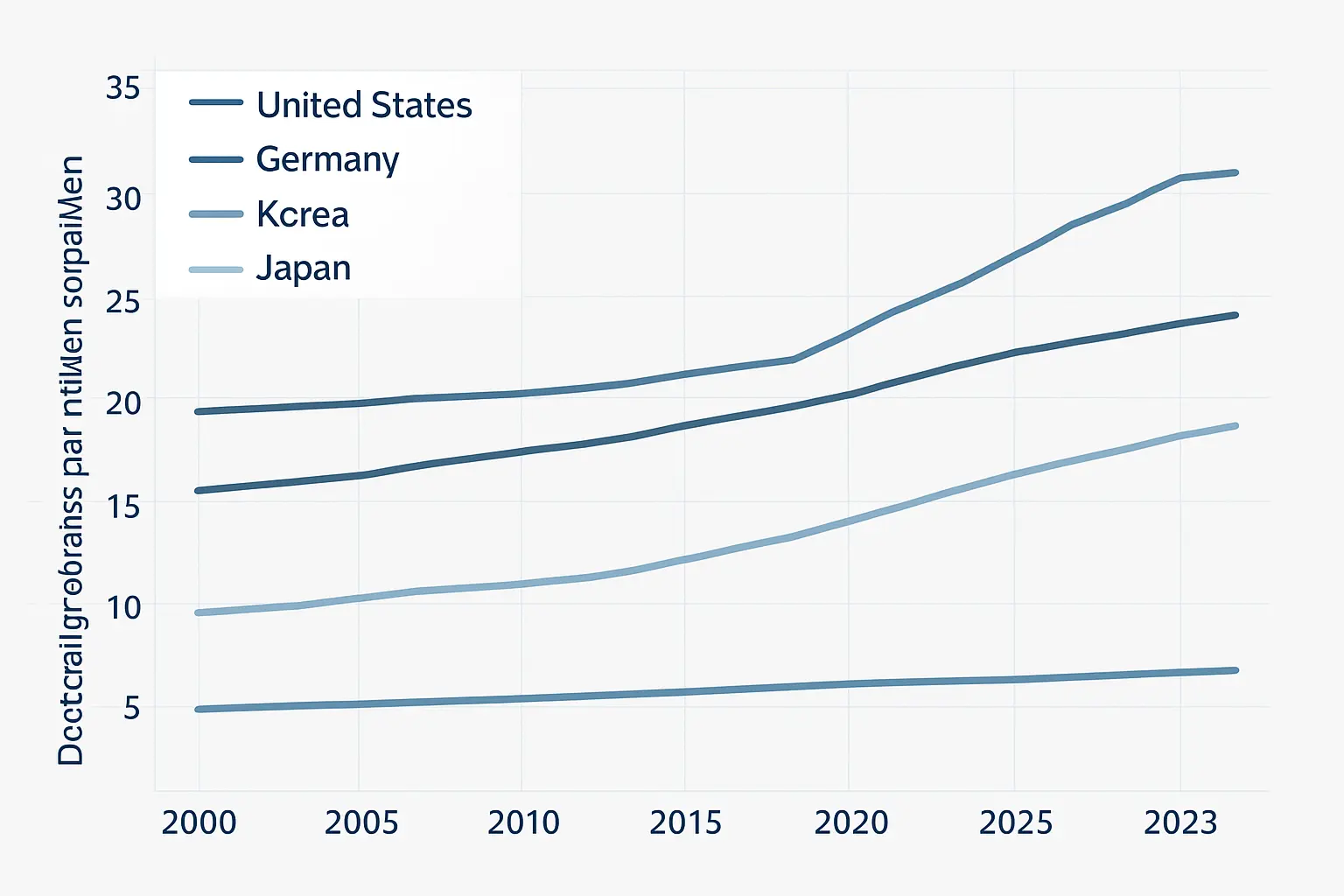 日本の博士号取得者数 経年推移グラフ:2000年代から2023年まで主要国との比較推移(文部科学省・NISTEP「科学技術指標2024」データ)