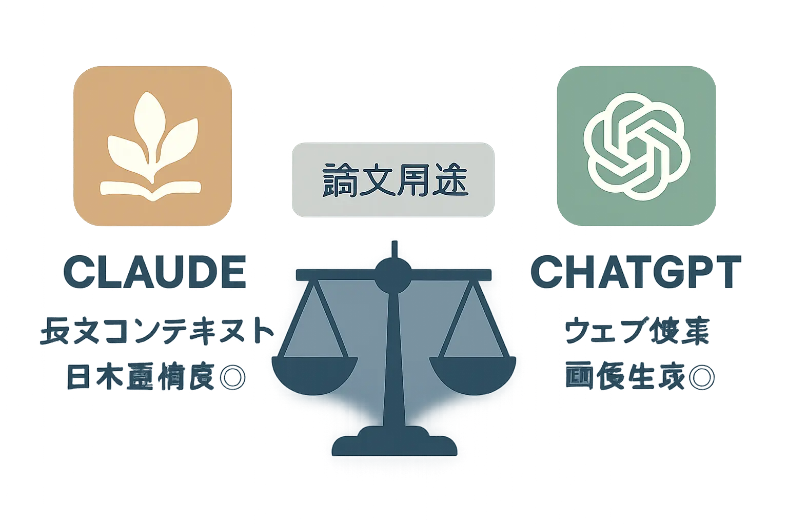 Claude vs ChatGPT 論文用途比較図:長文コンテキスト・日本語精度・ウェブ検索・画像生成の優劣を図解