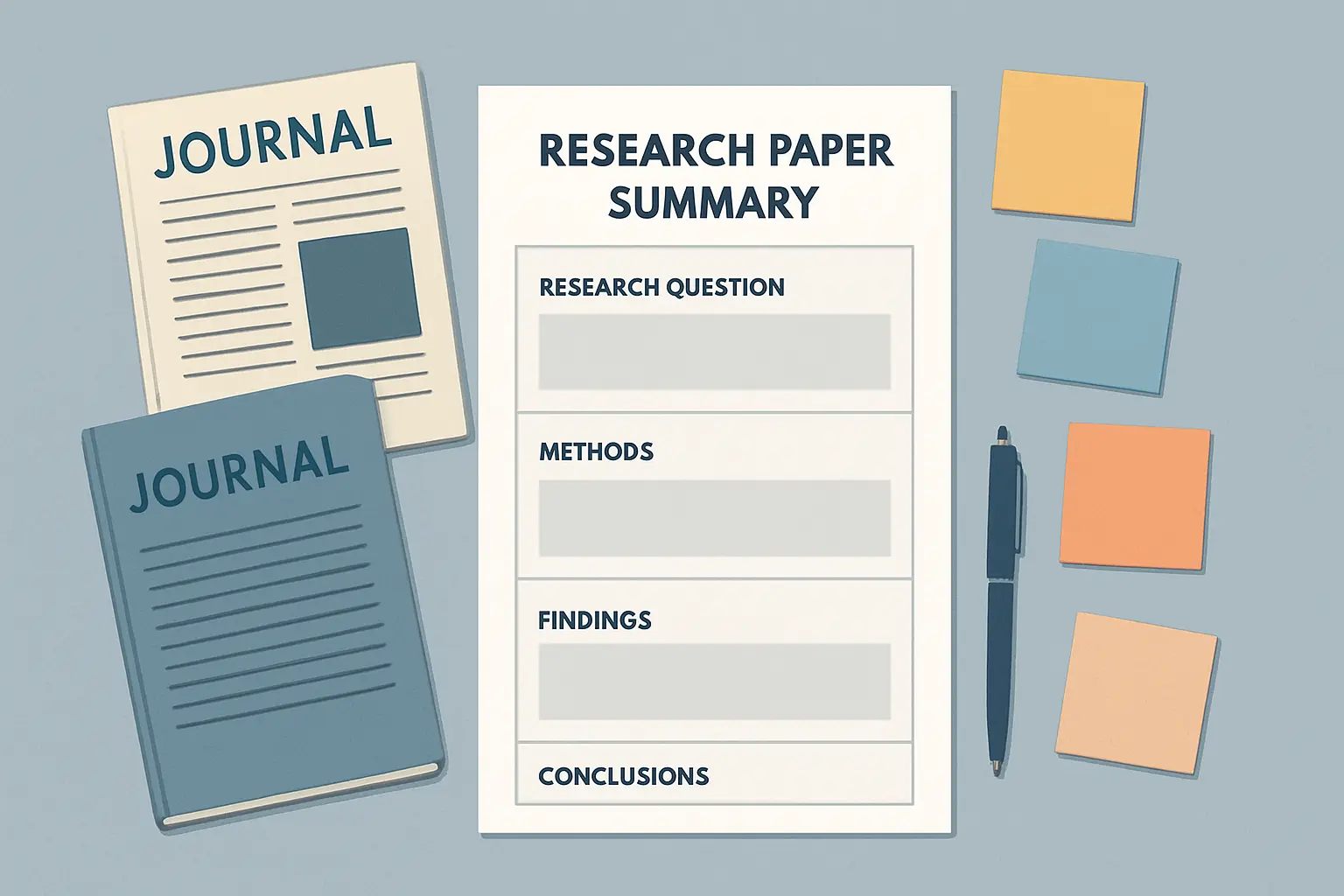 論文要約シートのワークフローを示すフラットレイ図：研究課題・方法・結果・結論の各セクションが整理された構造的なメモ