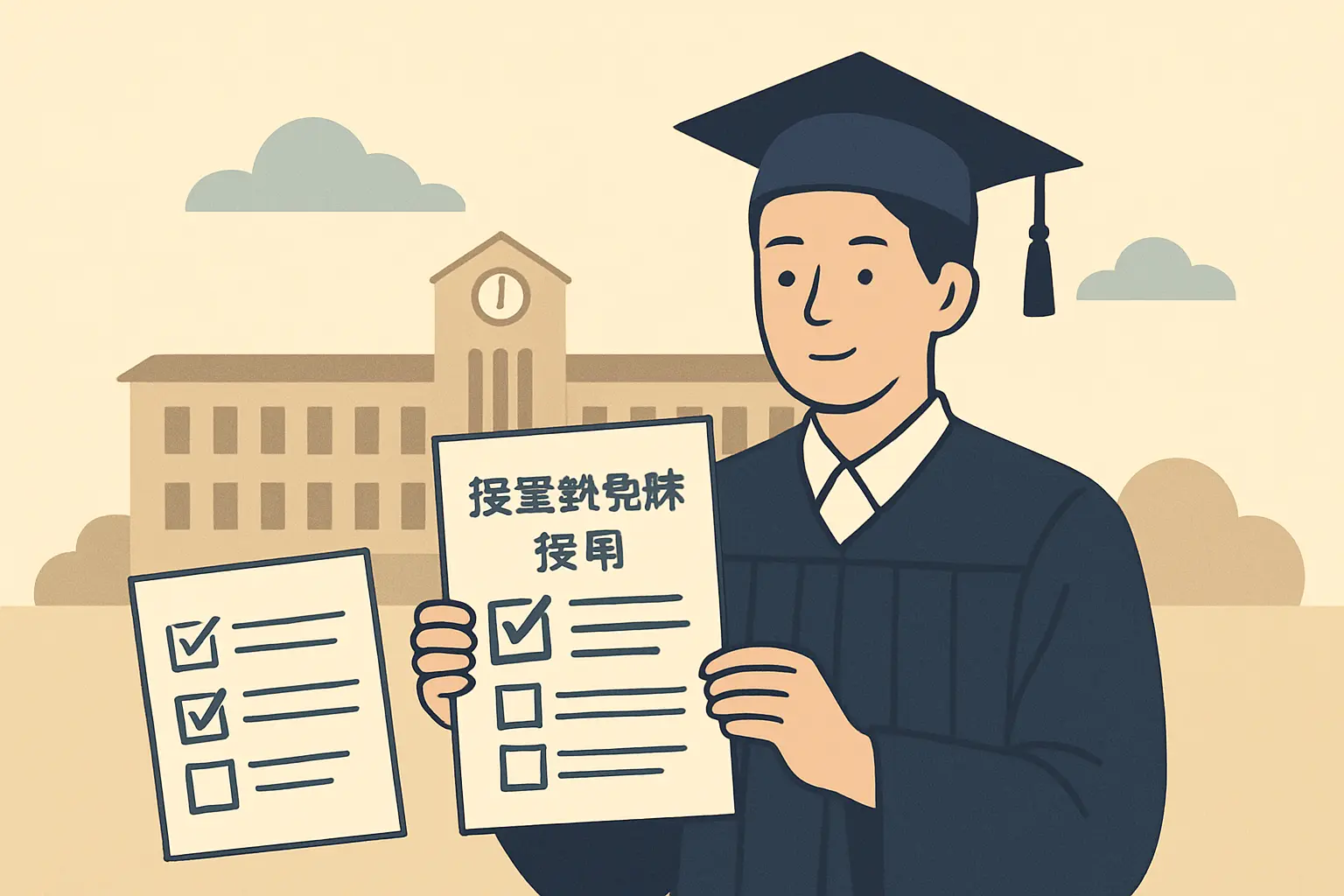 大学院授業料免除の審査結果通知イラスト:全額免除・半額免除・不採用の区分と結果通知を受け取る学生のイメージ
