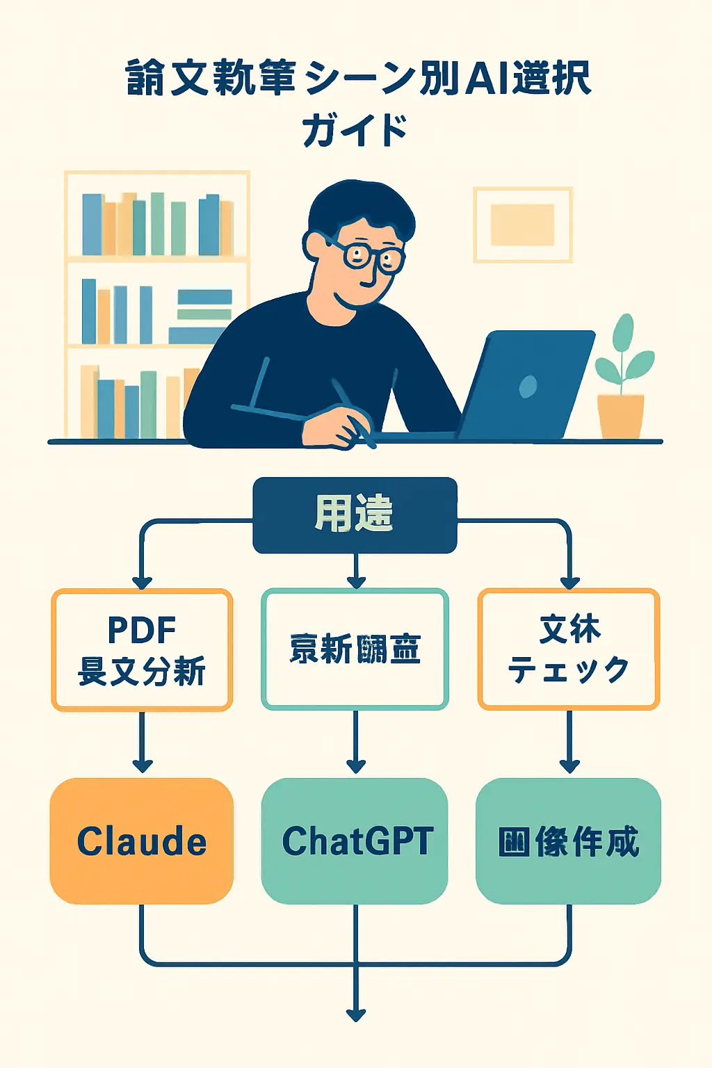 論文執筆シーン別のAI選択ガイド:ClaudeとChatGPTの用途別使い分けフロー図
