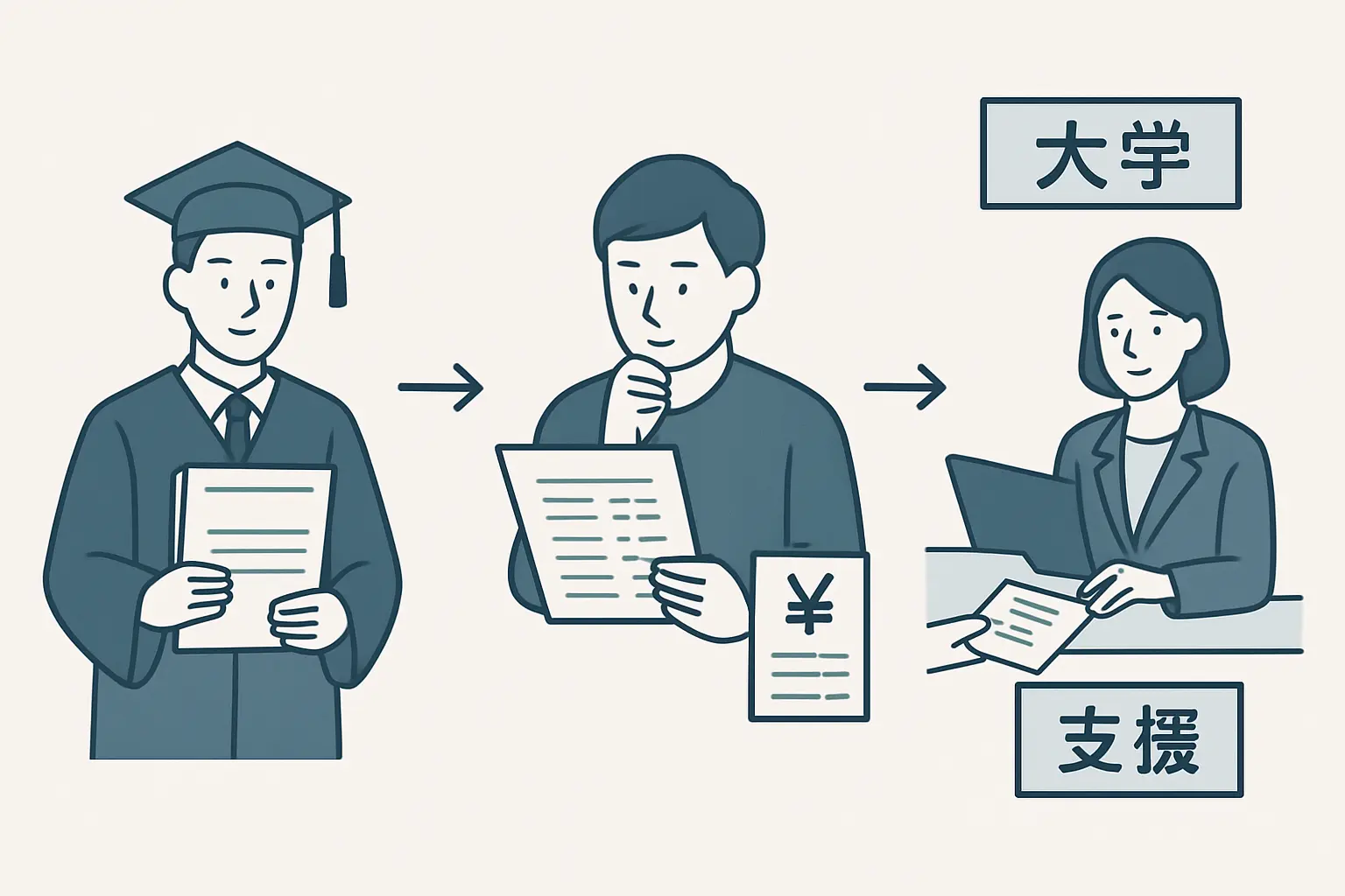 大学院授業料免除の申請手順イラスト:書類収集・申請書記入・窓口提出・審査・結果通知の5ステップフロー