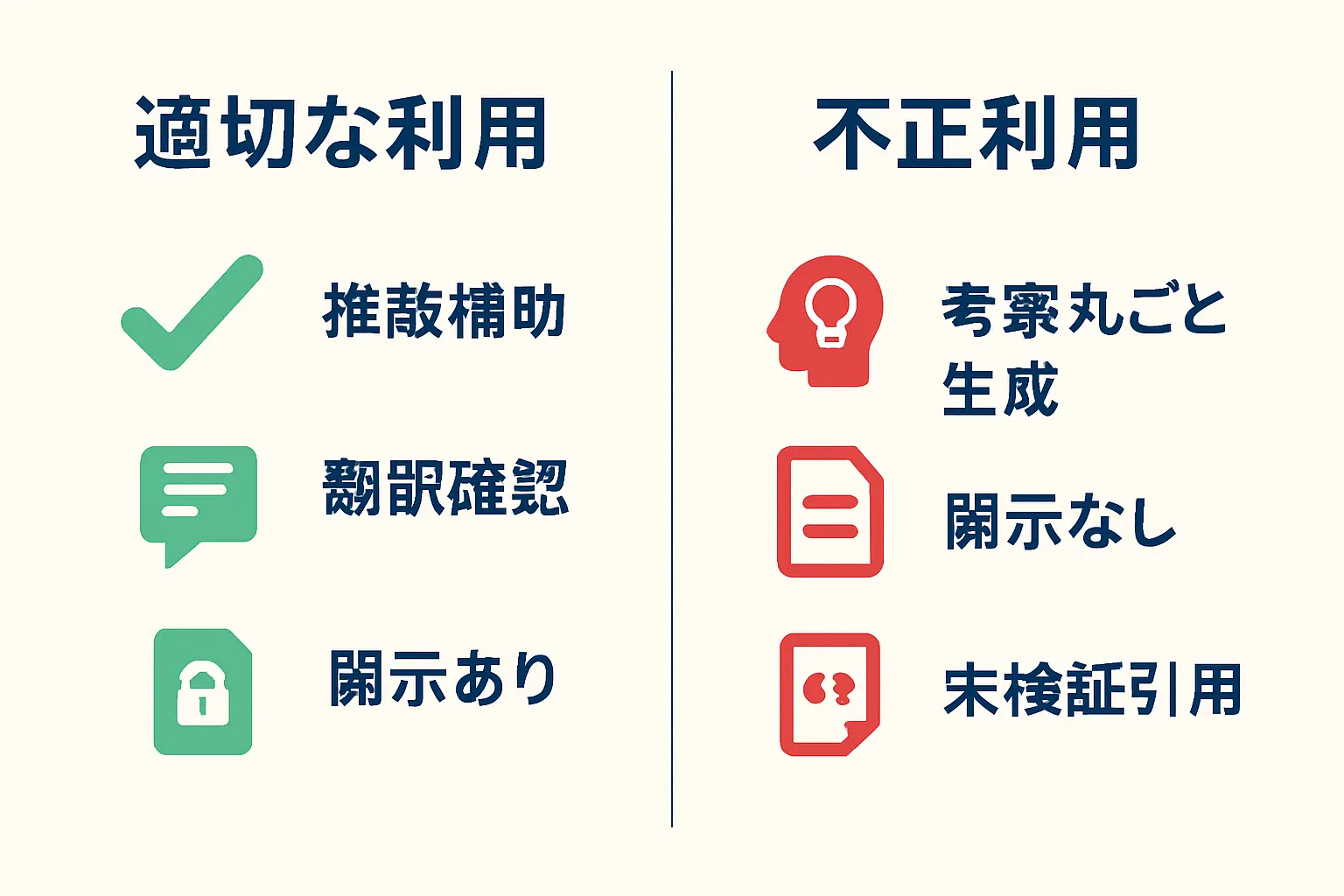 AI論文利用の適切な使い方と不正利用の対比図:開示義務・推敲補助・未検証引用などの判断基準を図解