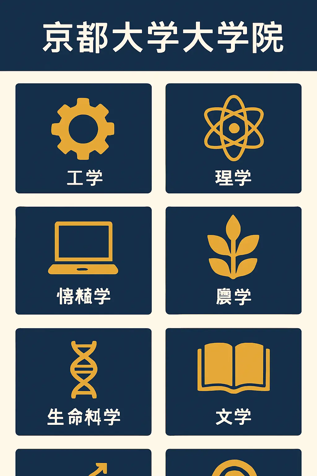 京都大学大学院の主要研究科一覧：工学・理学・情報学・農学・生命科学・文学・経済学・人間環境の8研究科をグリッド図解