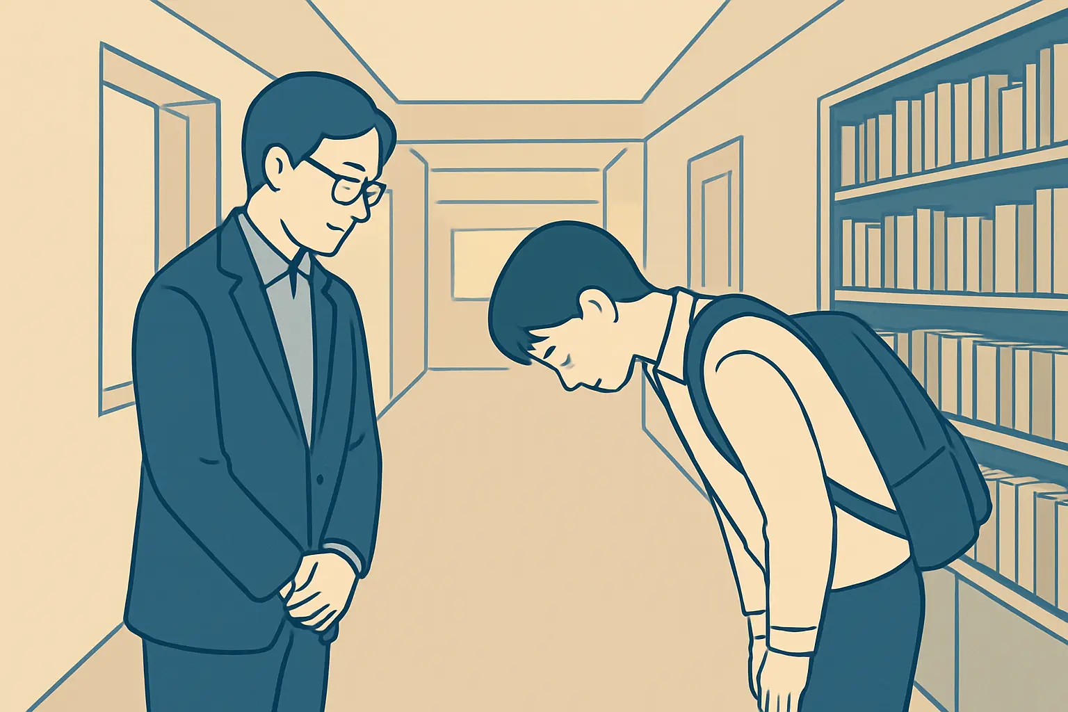 学部生が指導教員に謝辞として感謝を伝えるシーンのイラスト