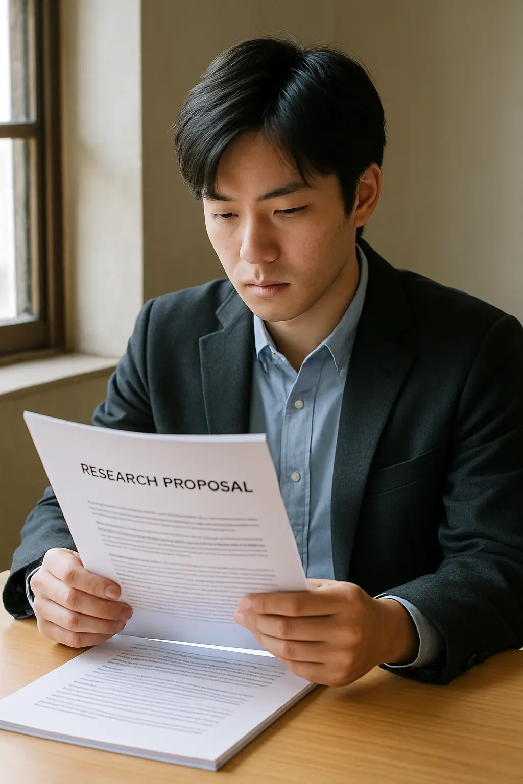 大学院入試の面接前に研究計画書を見直す学生の様子