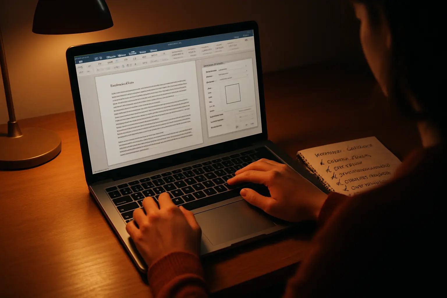 書式チェックリストを手元に置いて卒論のレイアウトを調整する学生