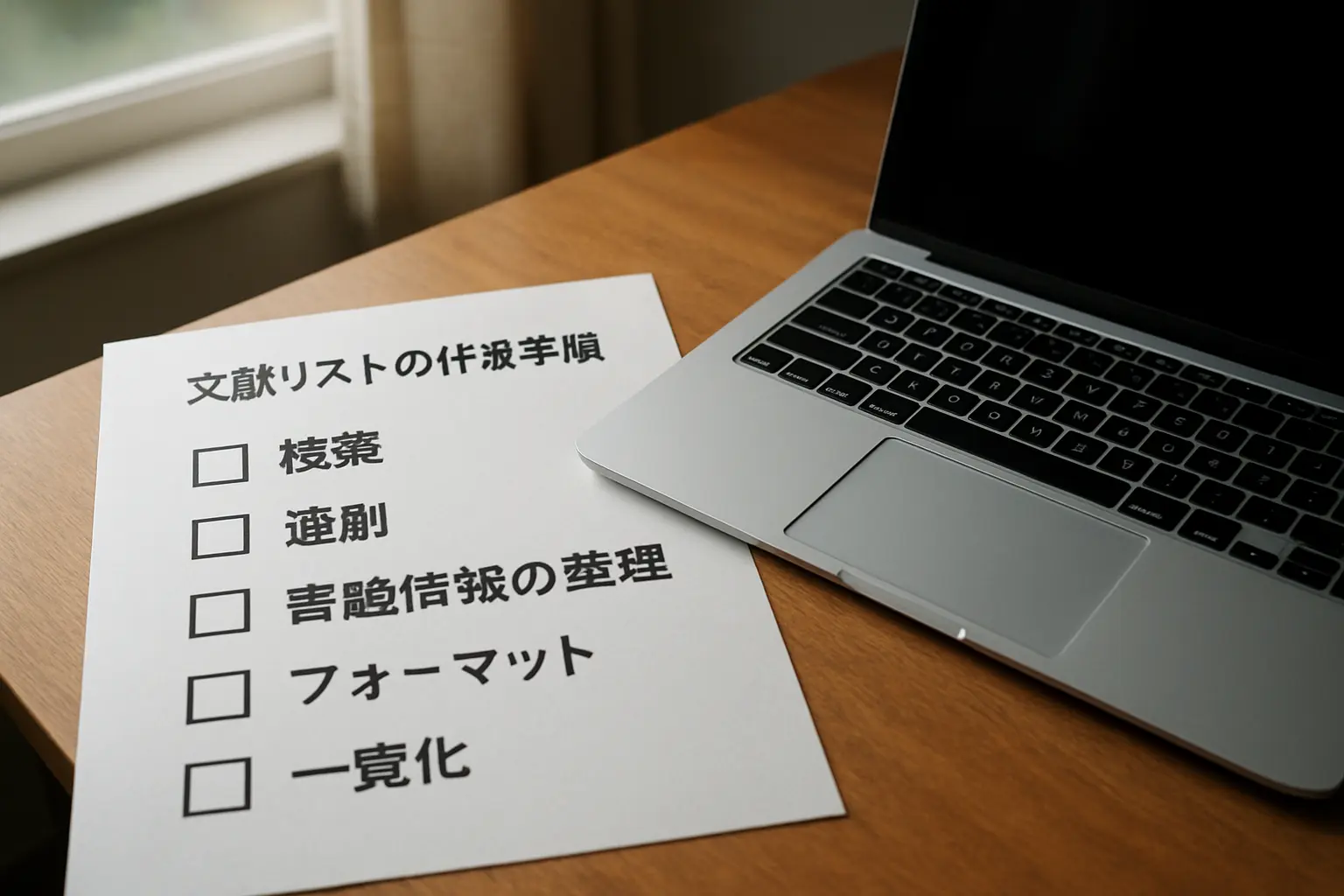 文献リストの作成手順を書き出したチェックリストとノートパソコン