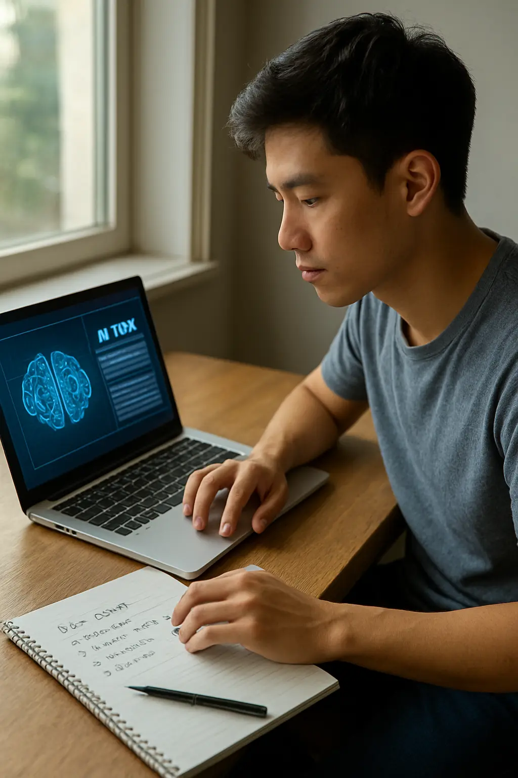 大学生がノートPCでAIツールと論文の構成を確認している様子