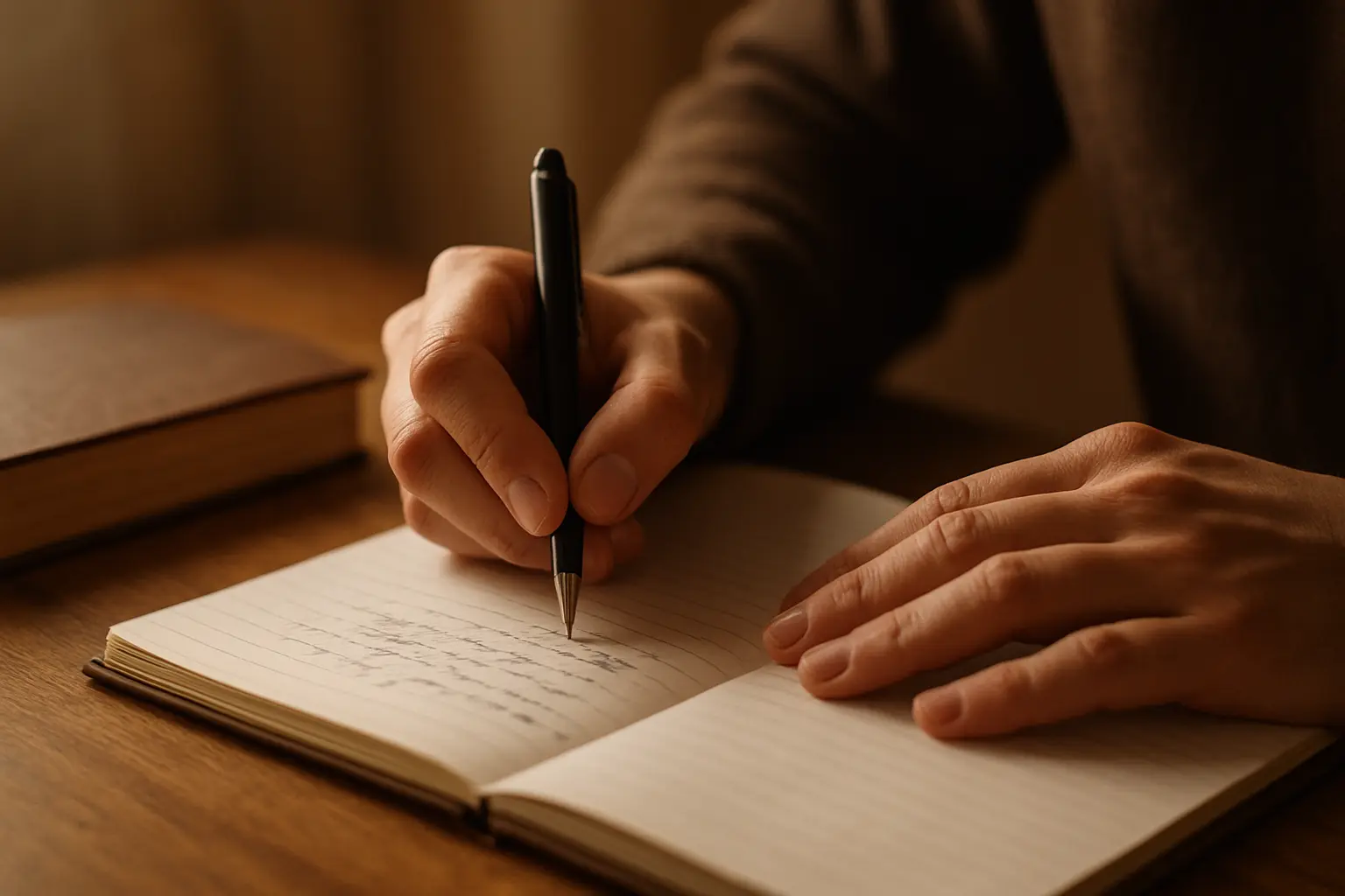 本を閉じて自分の言葉でノートに書き直す手元のクローズアップ