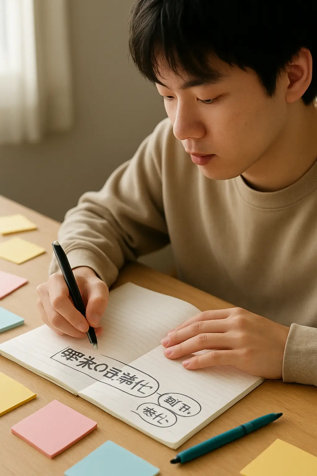 ノートに対象・現象・関心を書き出し研究の興味を言語化する学生