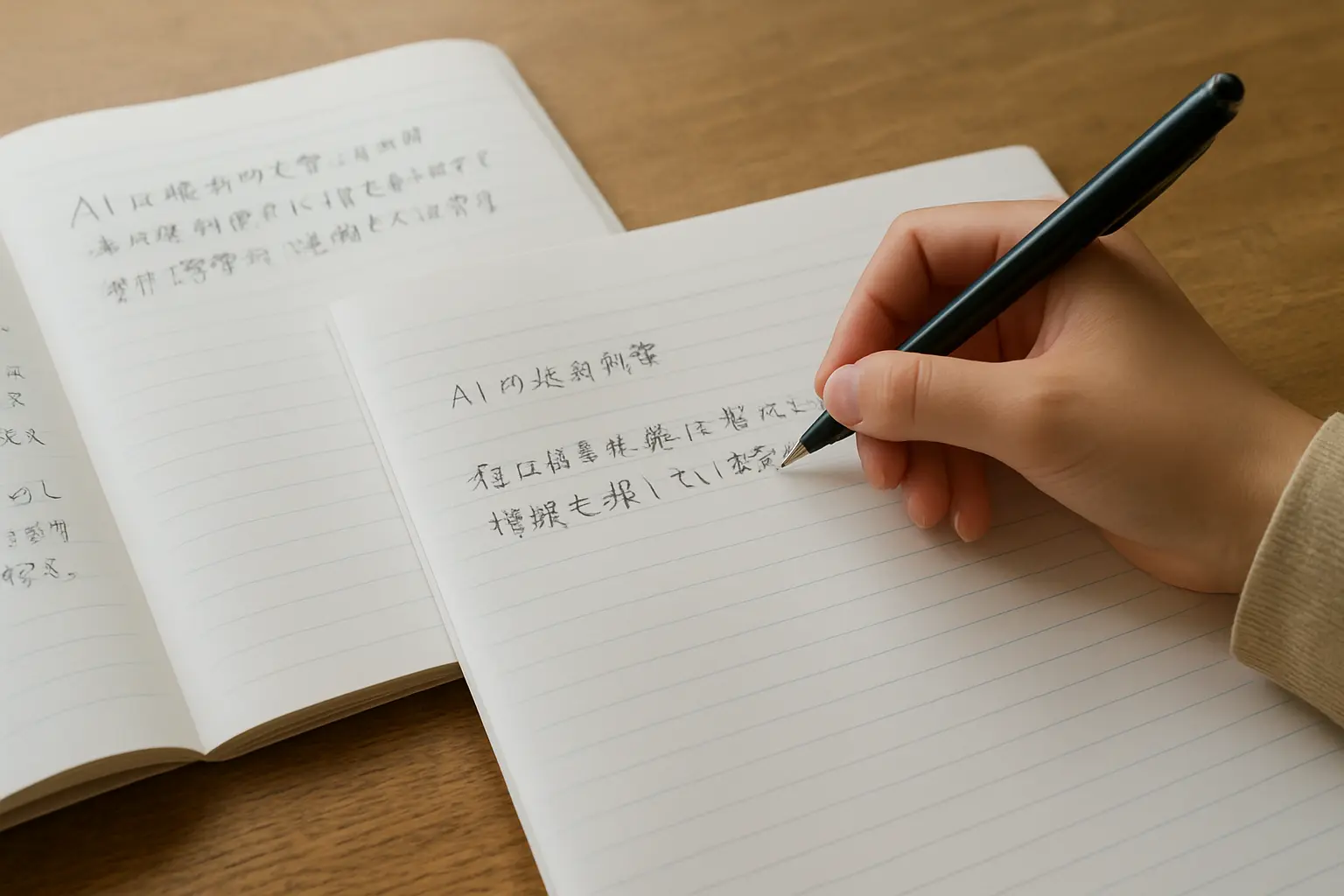 ノートに手書きでAIの出力内容を自分の言葉に書き直す大学生