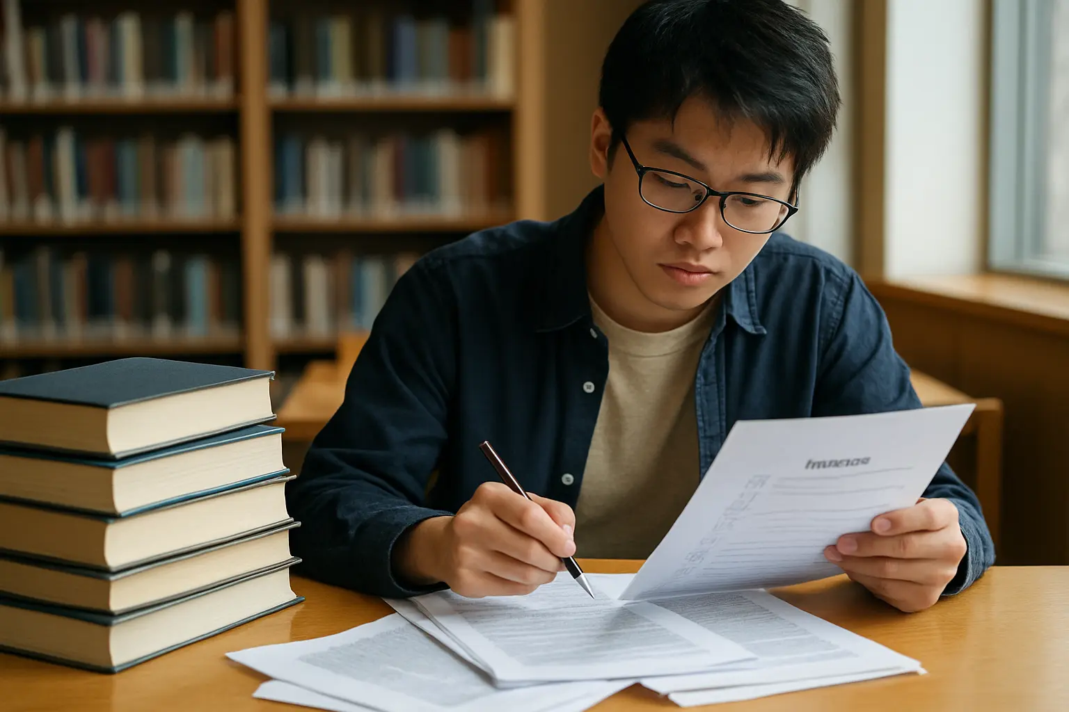 図書館で複数の学術文献を参考文献リストと照らし合わせて整理する学生