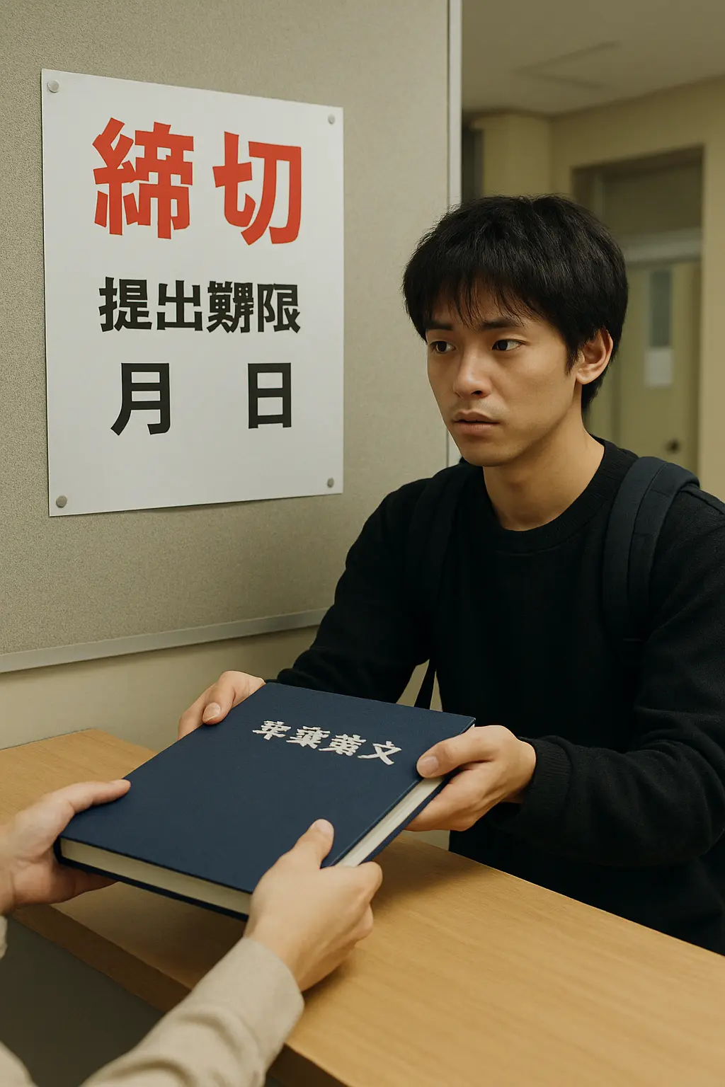 製本した卒論を大学の学務窓口で提出する学生