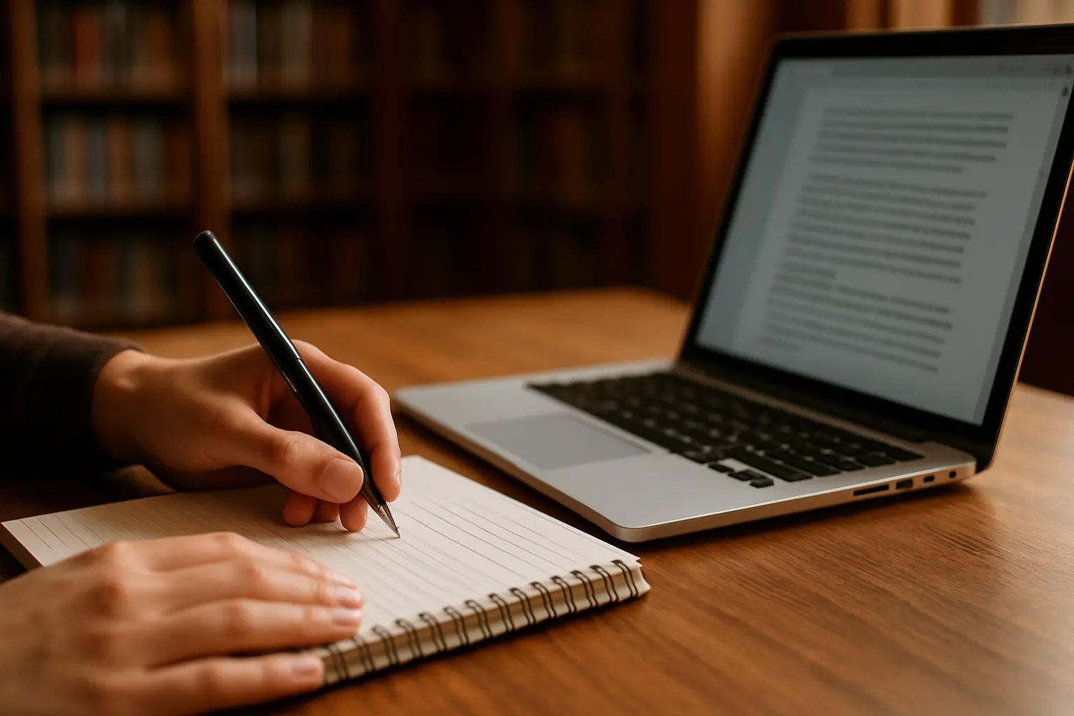 研究者がノートに章立ての構成案を書き出し、AIプロンプトの下書きを検討している様子