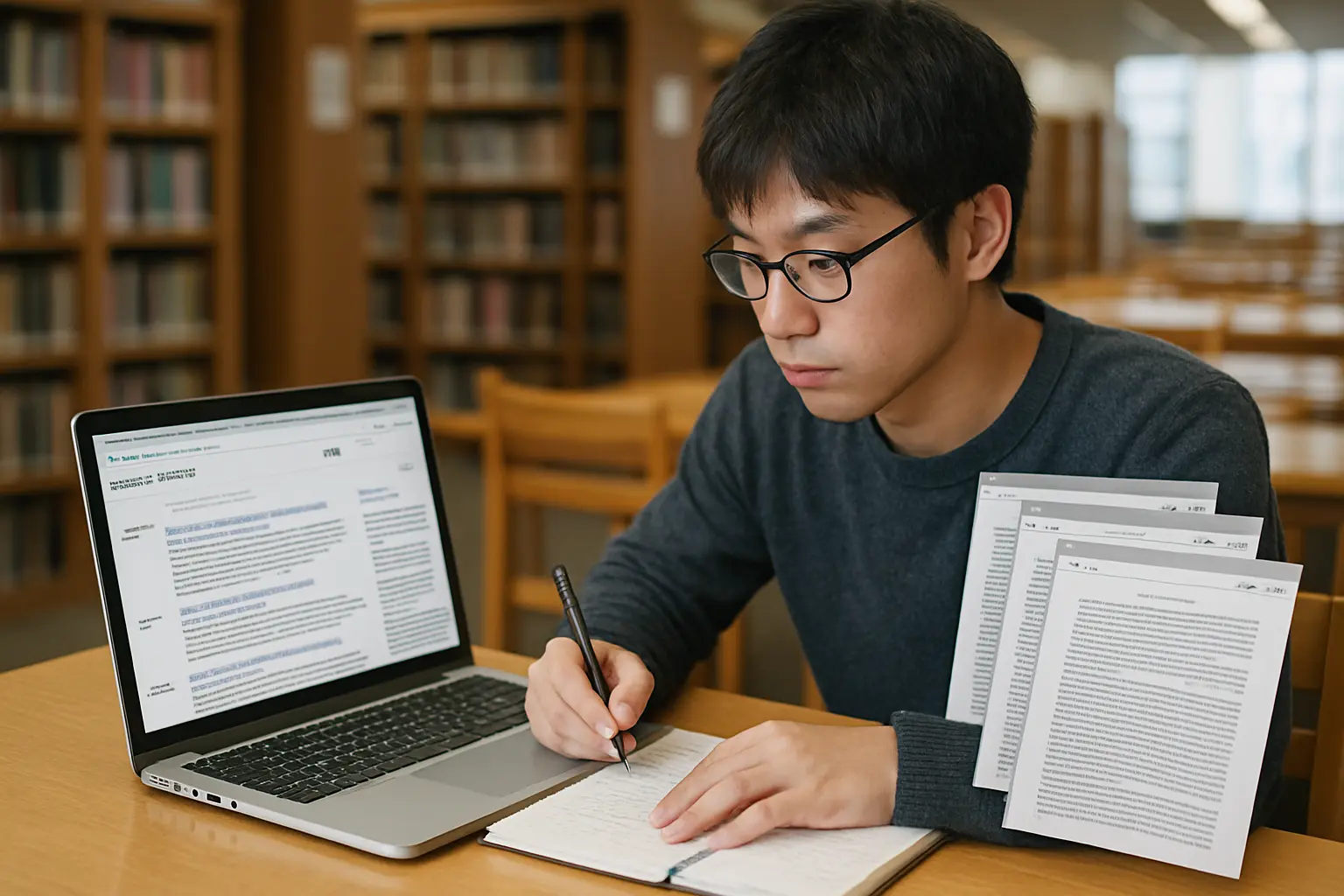 複数の先行研究を比較して未解決のギャップをノートに書き留める学生