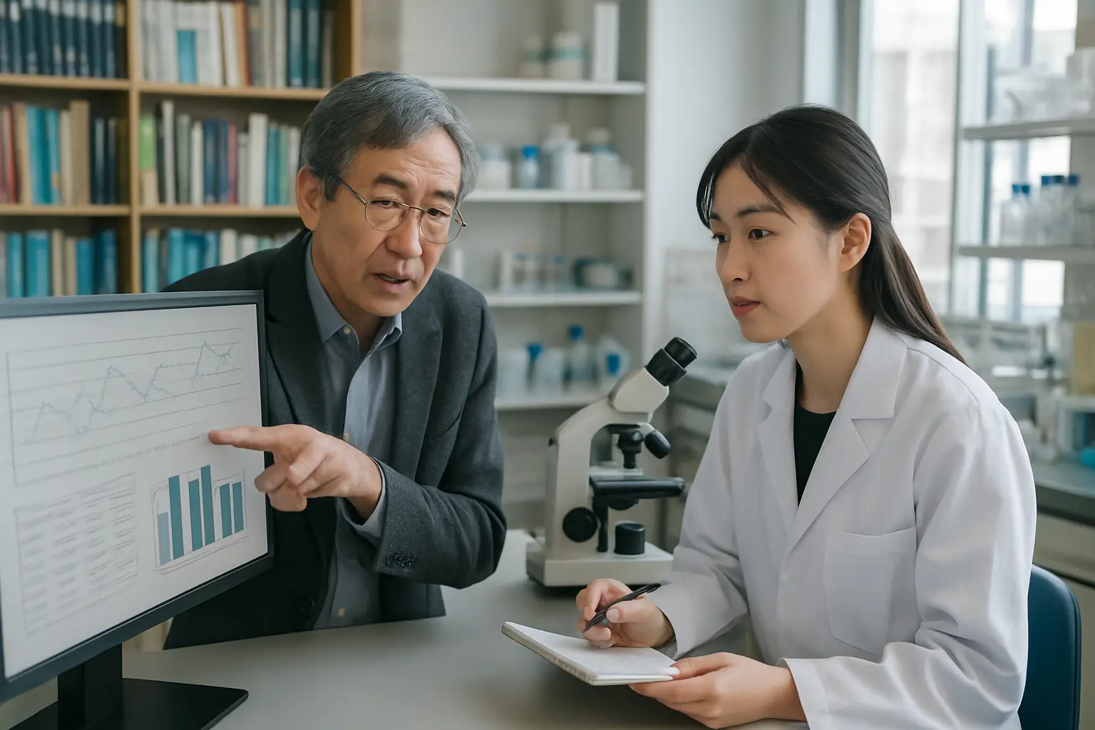 研究室で指導教員と学生が話し合う様子
