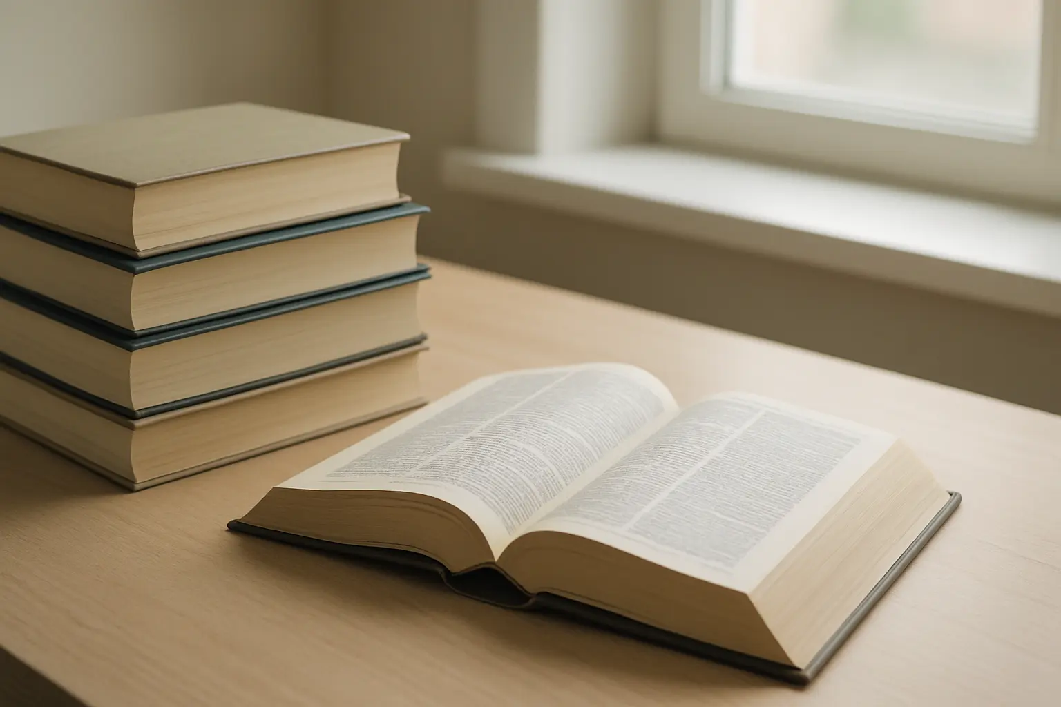 積み重なった学術書と開いた辞書が並ぶ書斎の写真