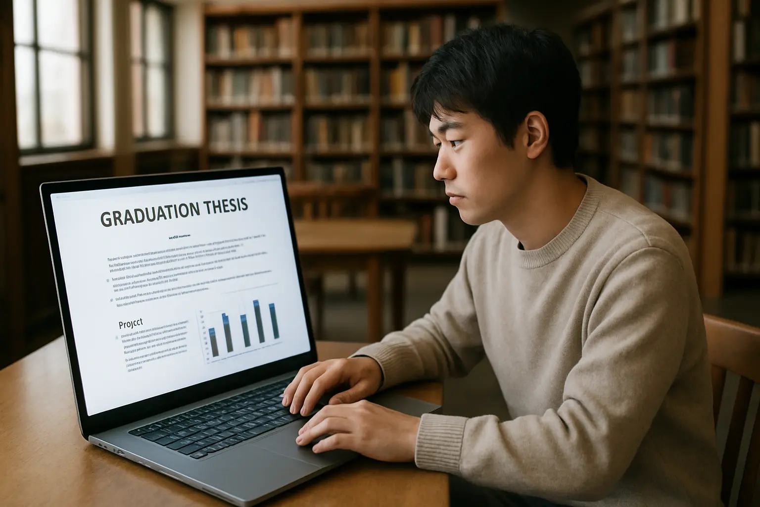 図書館でノートパソコンの画面を使い卒論の参考文献リストを最終確認する学生