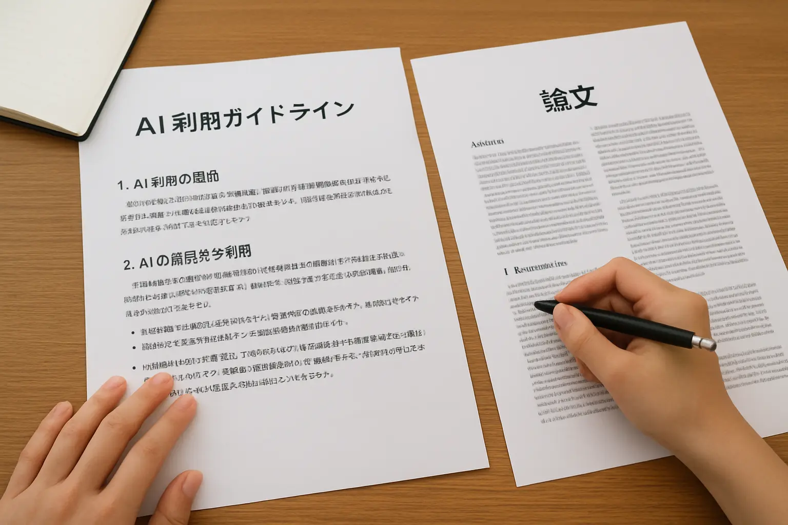 大学のガイドライン資料と論文原稿を並べて確認する学生の手元