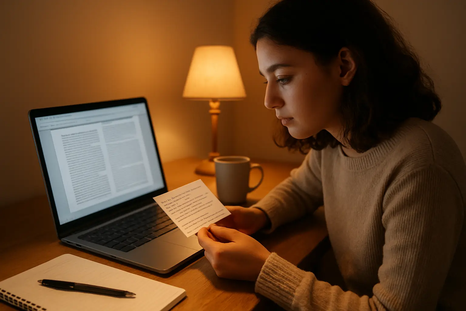 論文を読みながら要点をノートにまとめる学生
