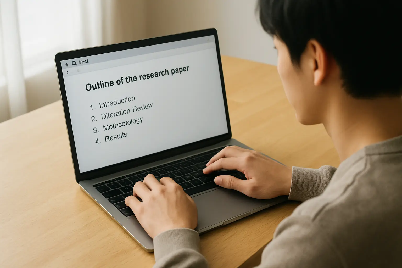 ノートパソコンでAIを使い論文のアウトラインを作成する大学生の様子