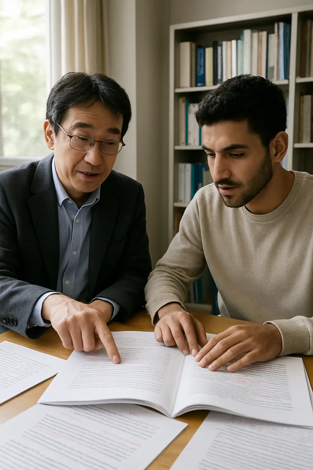 指導教員と留学生が卒論の原稿を確認する様子