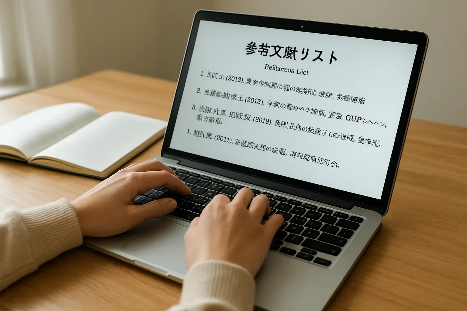 SIST 02形式の参考文献リストを確認する学生のノートとパソコン画面