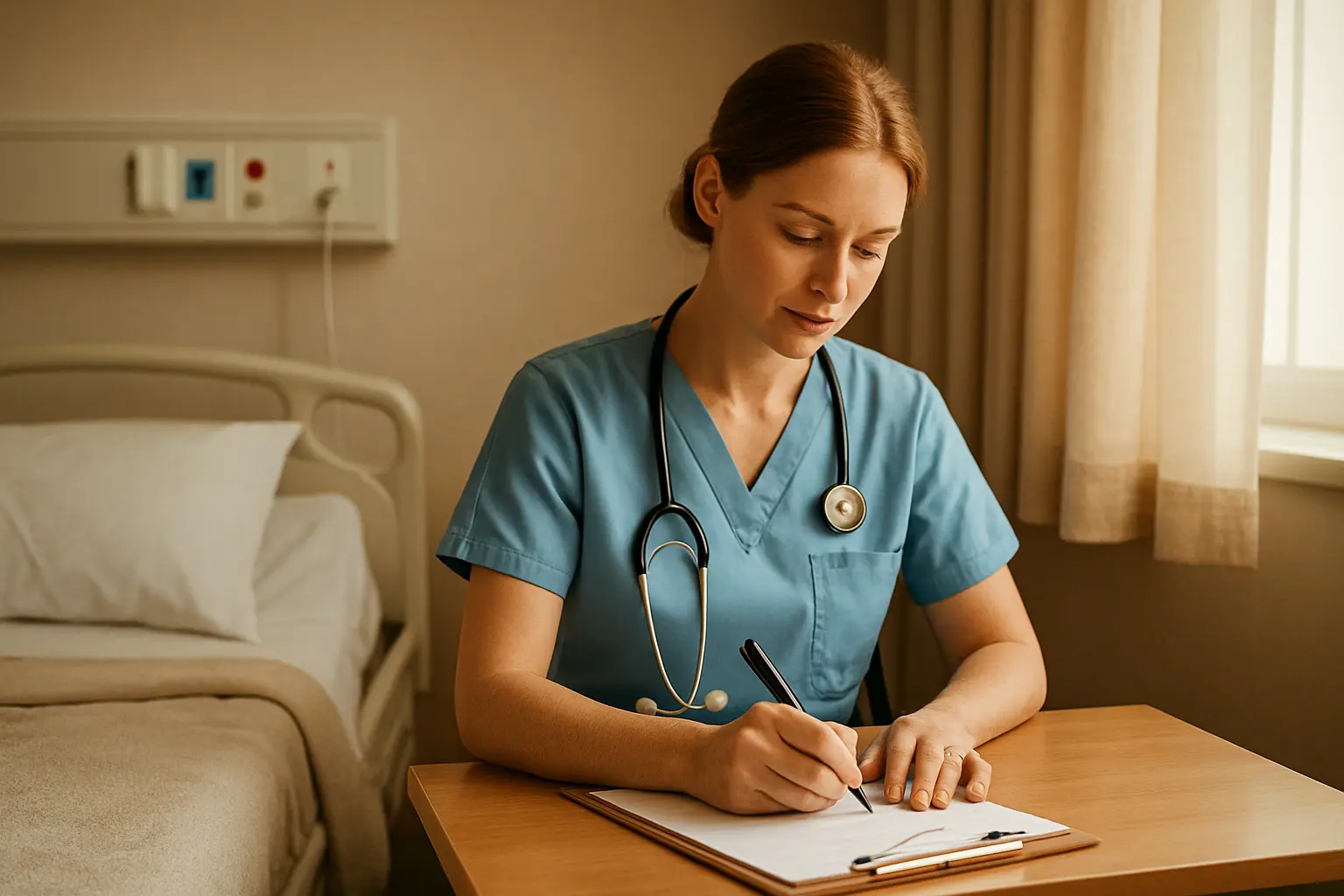病床のデスクでメモを取る看護師