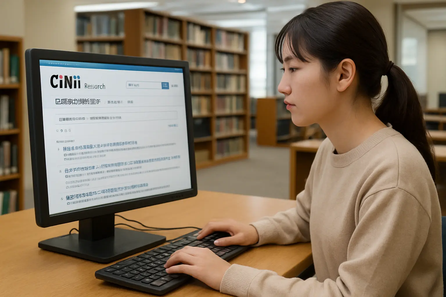 大学図書館のパソコンでCiNii Researchを検索している学生の様子