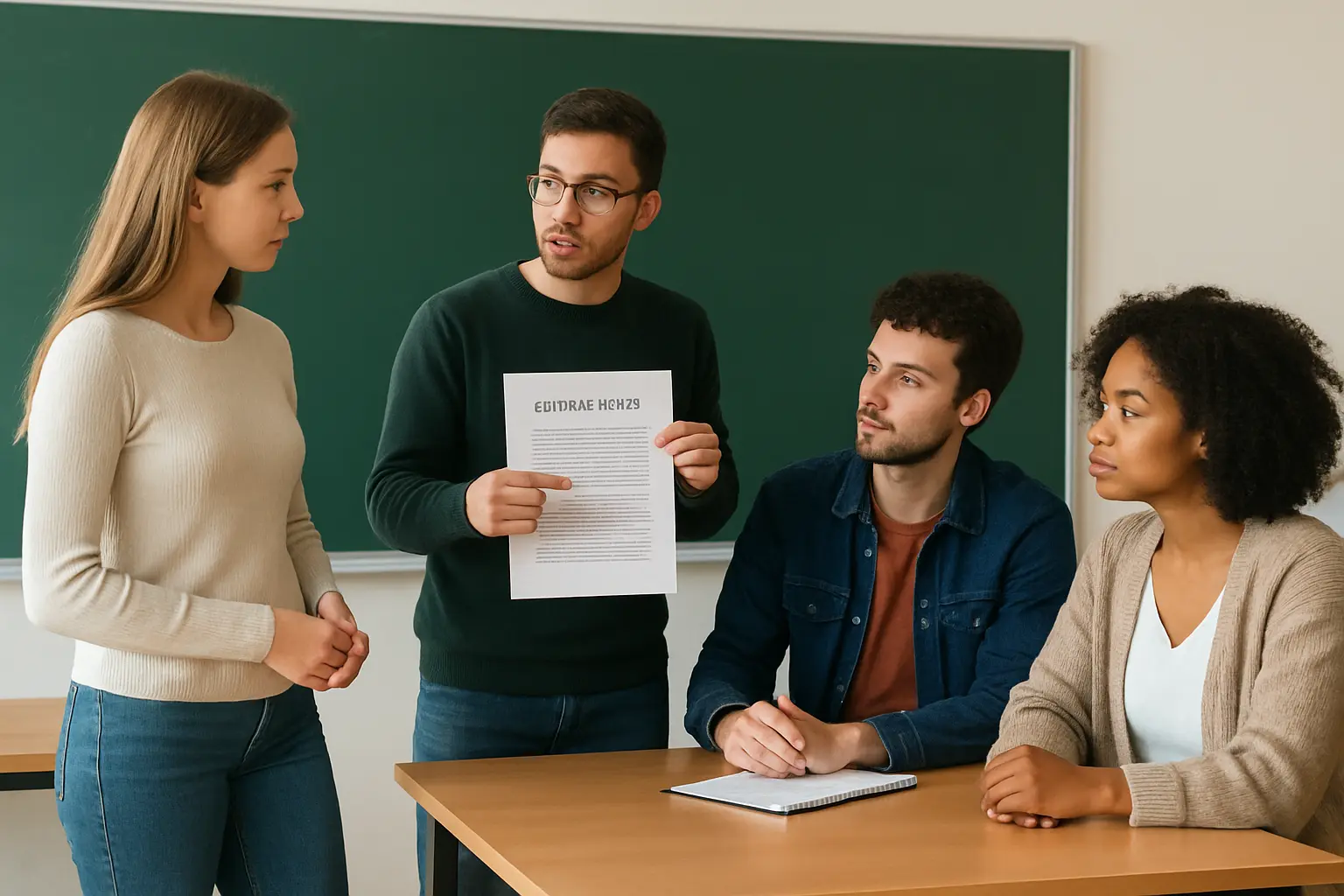 ゼミで論文の内容について討論する大学生たち