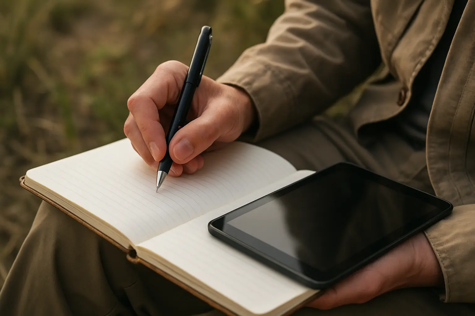 フィールドワークで手書きノートにペンで書き込む研究者の手元