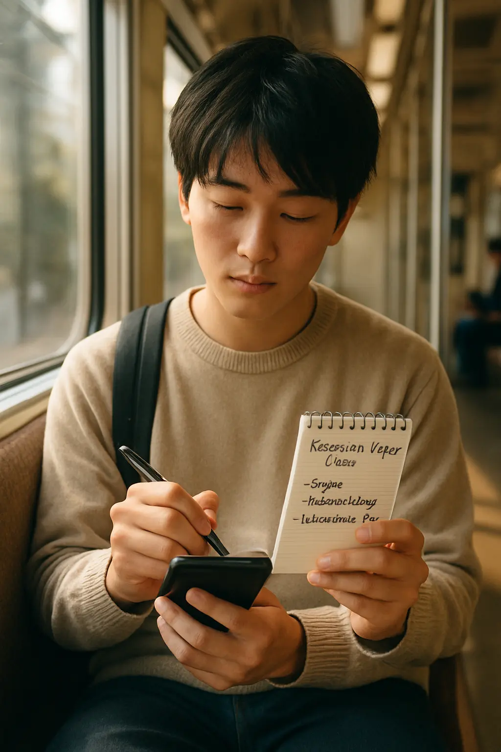 電車内でスマートフォンに論文のアイデアをメモする大学生