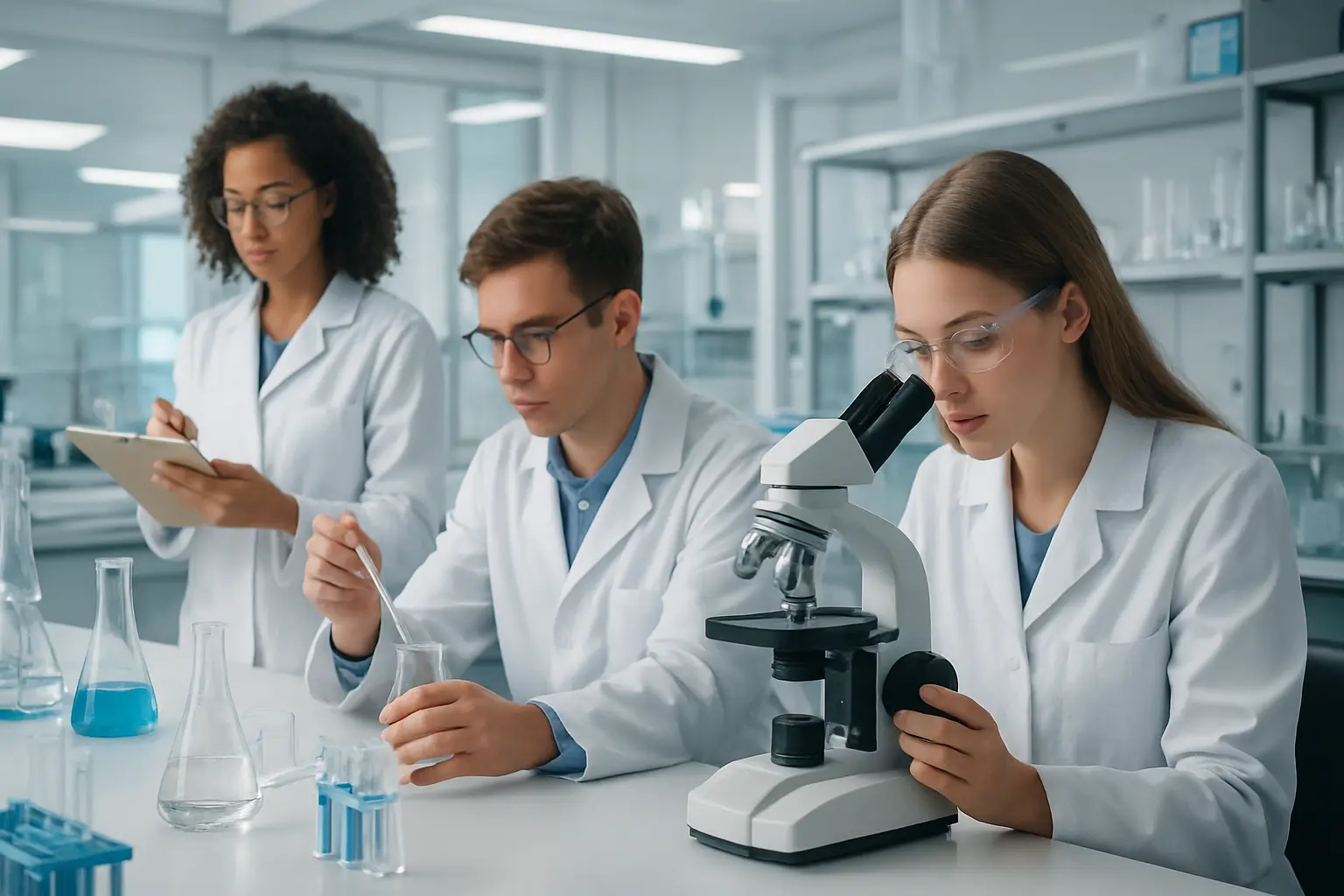 私立大学の実験室で研究する学生たち