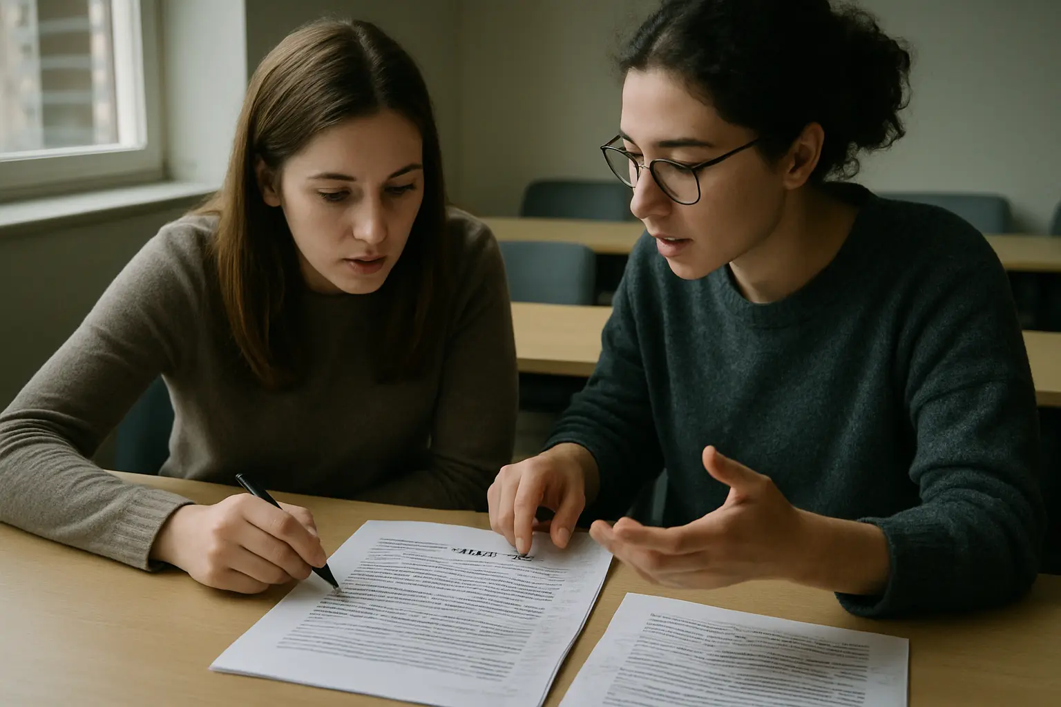 余白に指導コメントが書き込まれた卒論の草稿を検討する二人の学生