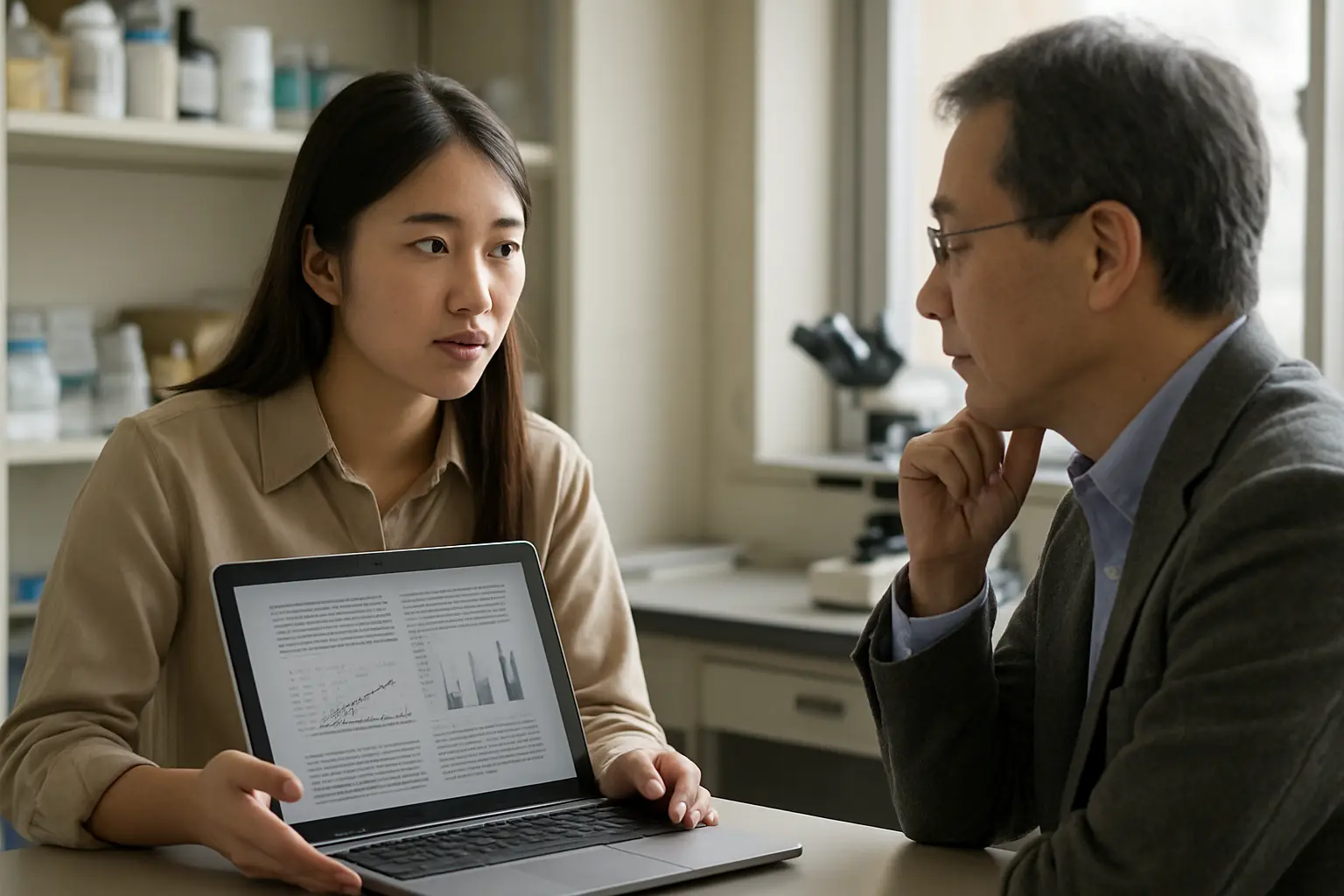 指導教員に卒論の進捗を相談する学生