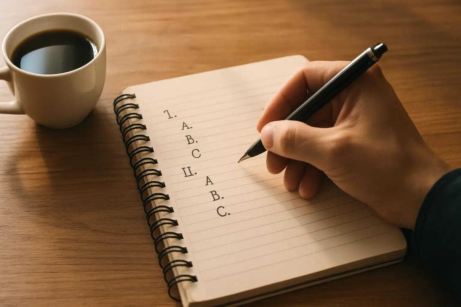 レポートの構成メモを書き込むノートとペン