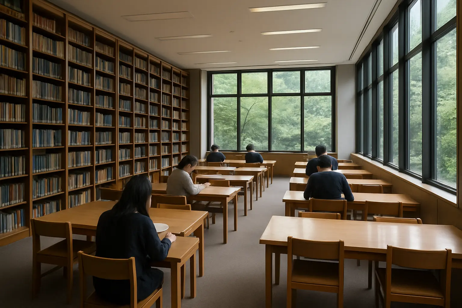 高い書架と大きな窓のある大学図書館の閲覧室