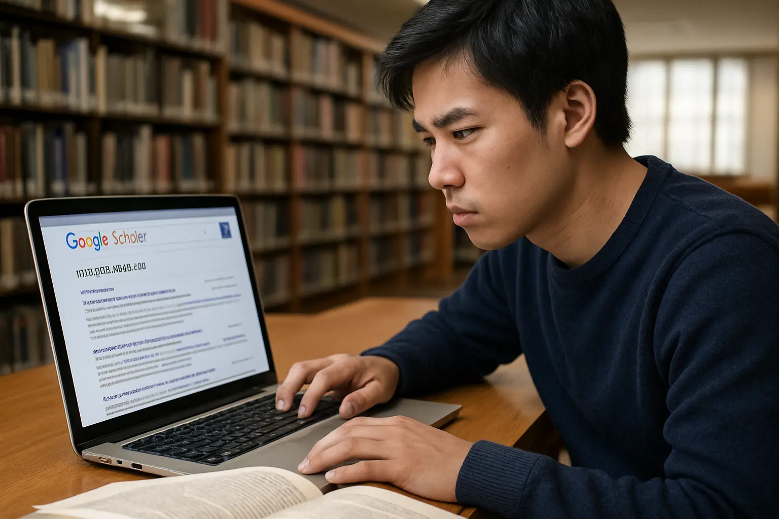 Google Scholarでレビュー論文から関連文献をたどって検索する学生