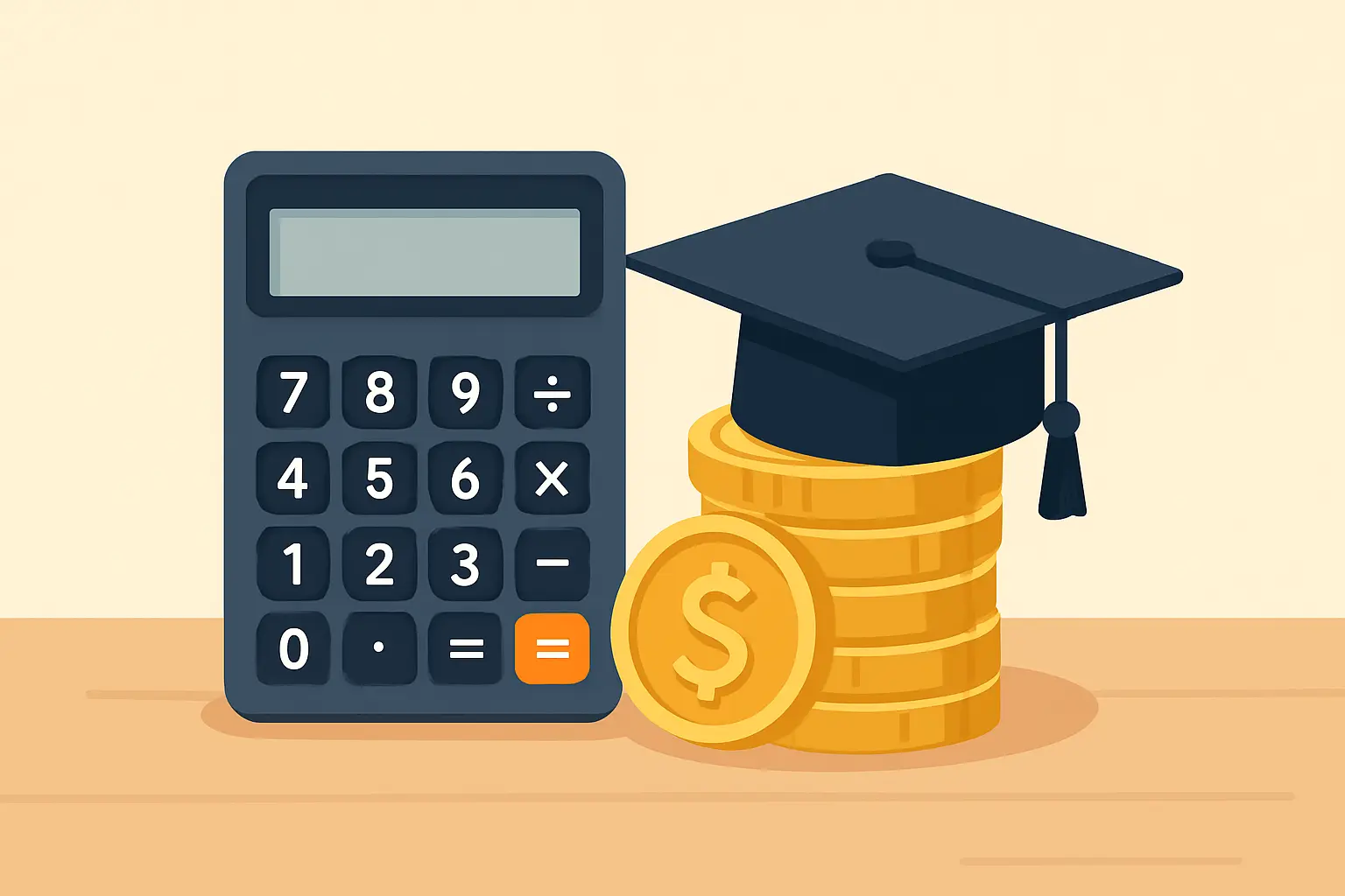 学費計画を象徴する電卓と硬貨、角帽