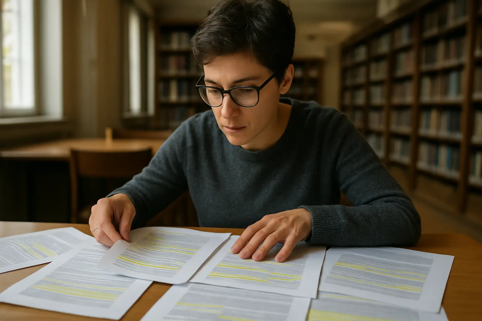 図書館で複数の学術論文を並べて先行研究の要約を確認している研究者の手元