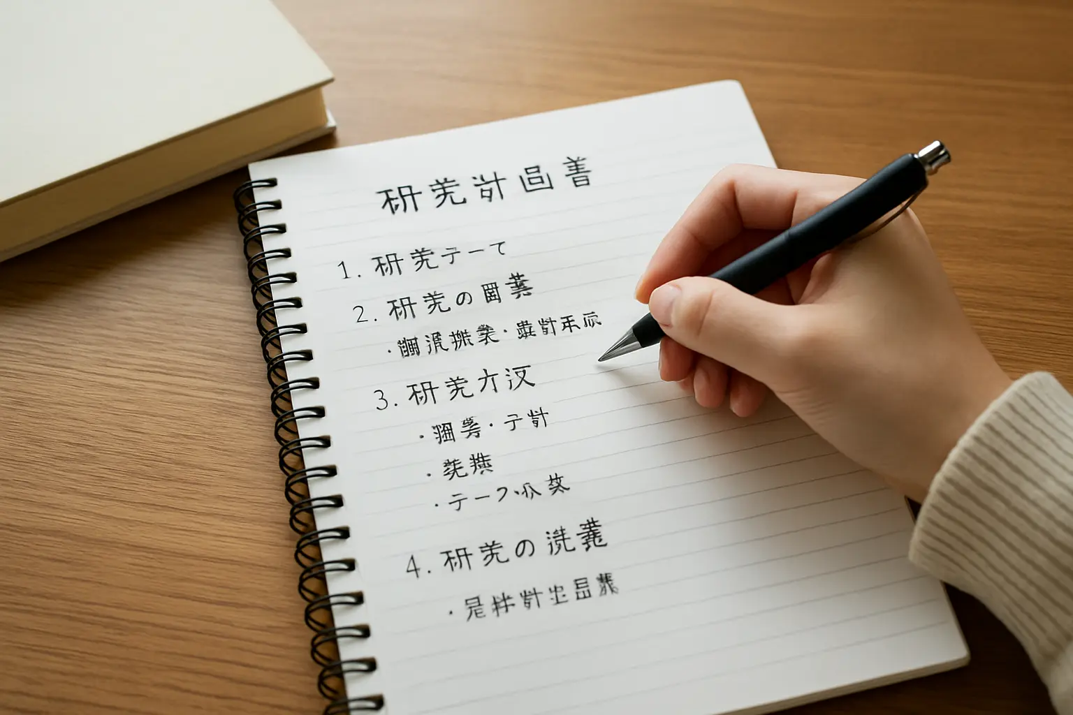 大学院入試の研究計画書の構成メモをノートに整理している様子