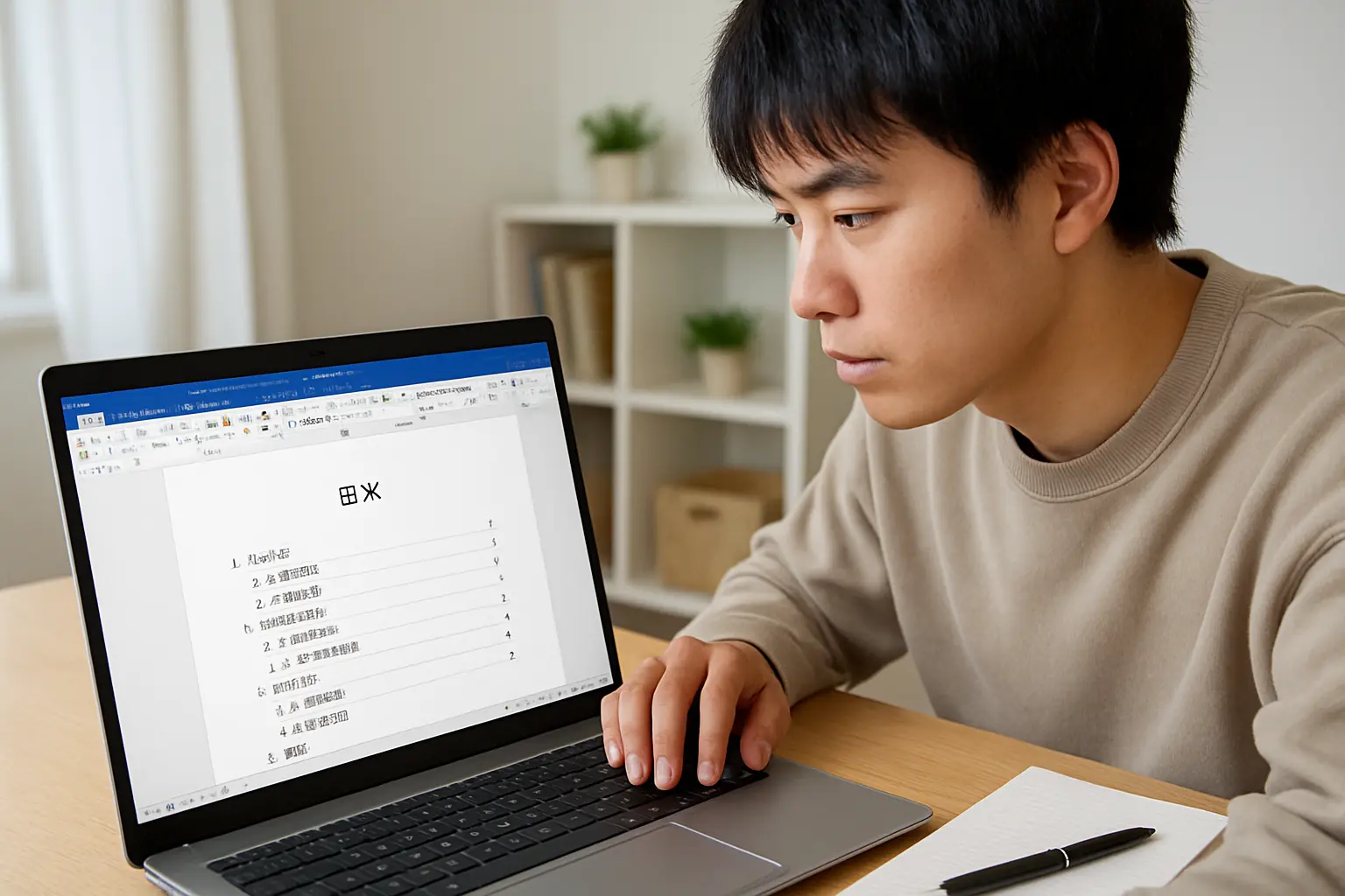 ノートパソコンでWordの見出しスタイル機能を使い目次を自動生成する学生