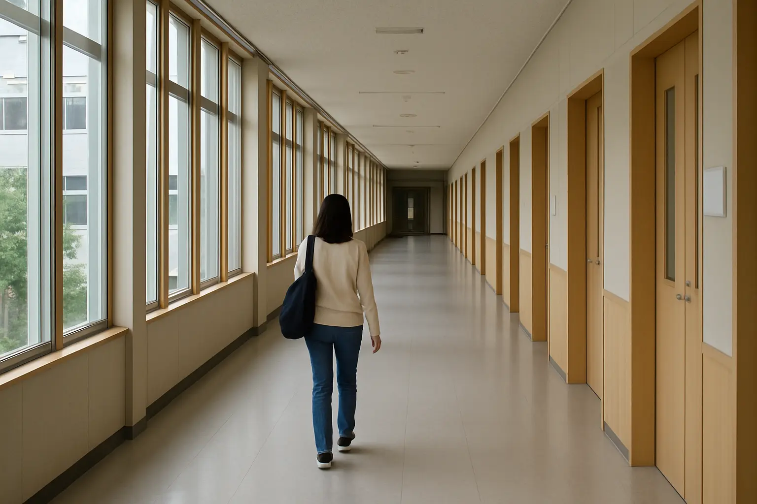 大学の講義棟の廊下を歩く大学院志望の学生