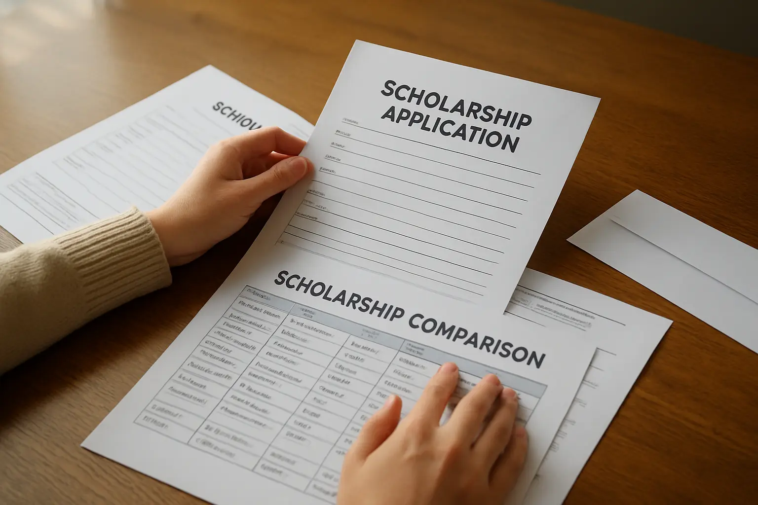 大学院生が奨学金制度の資料を比較しながら申請書類を確認している様子