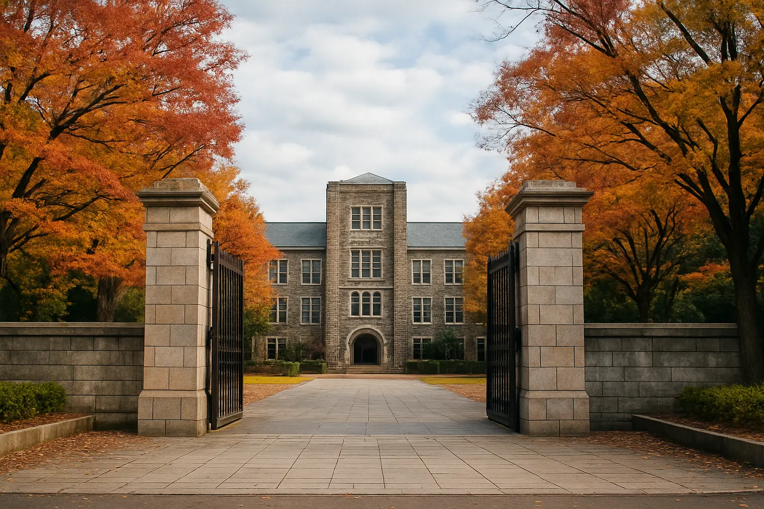 国立大学の校舎と正門の風景