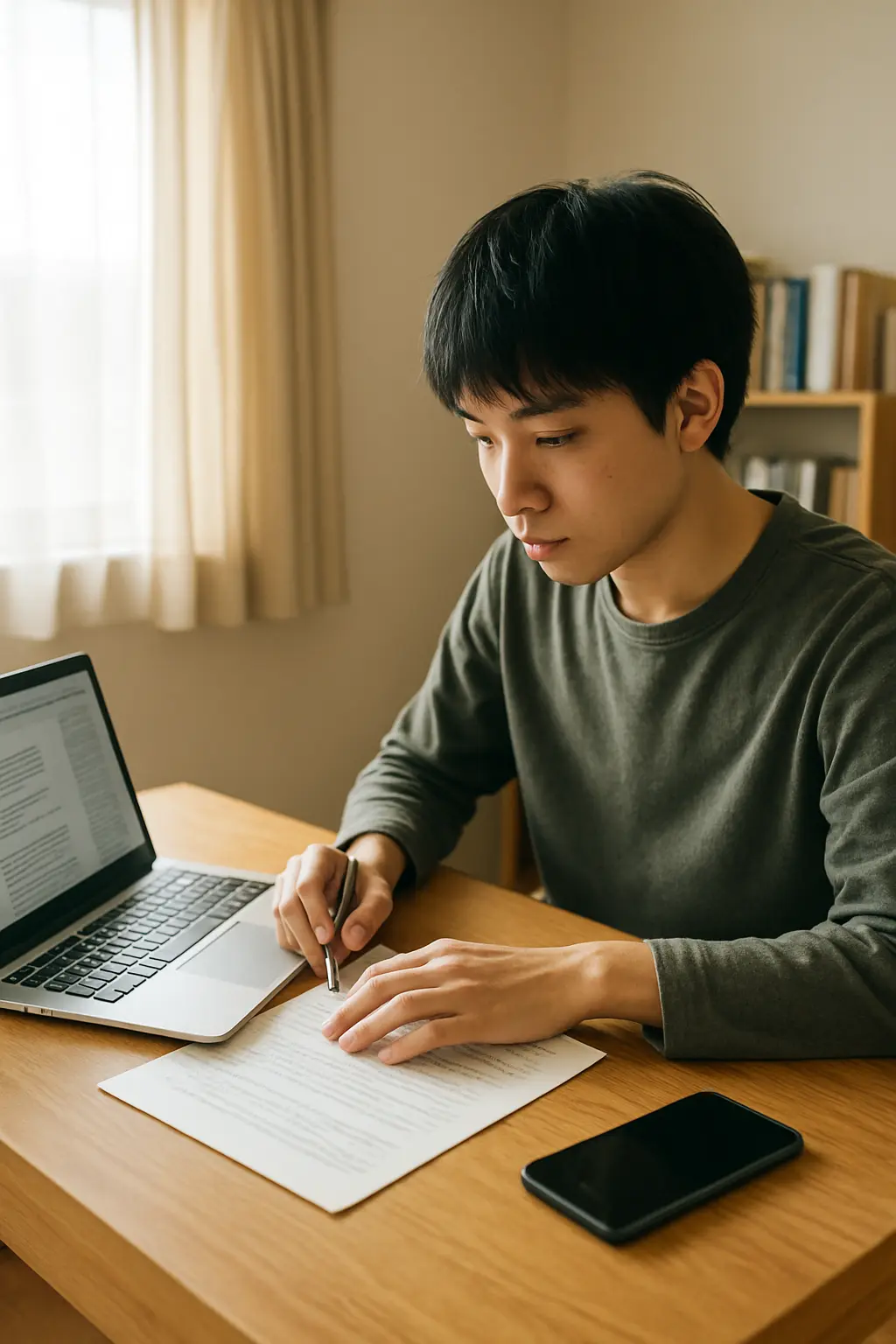 ノートパソコンとスマートフォンを使い分けて論文を執筆する学生の机