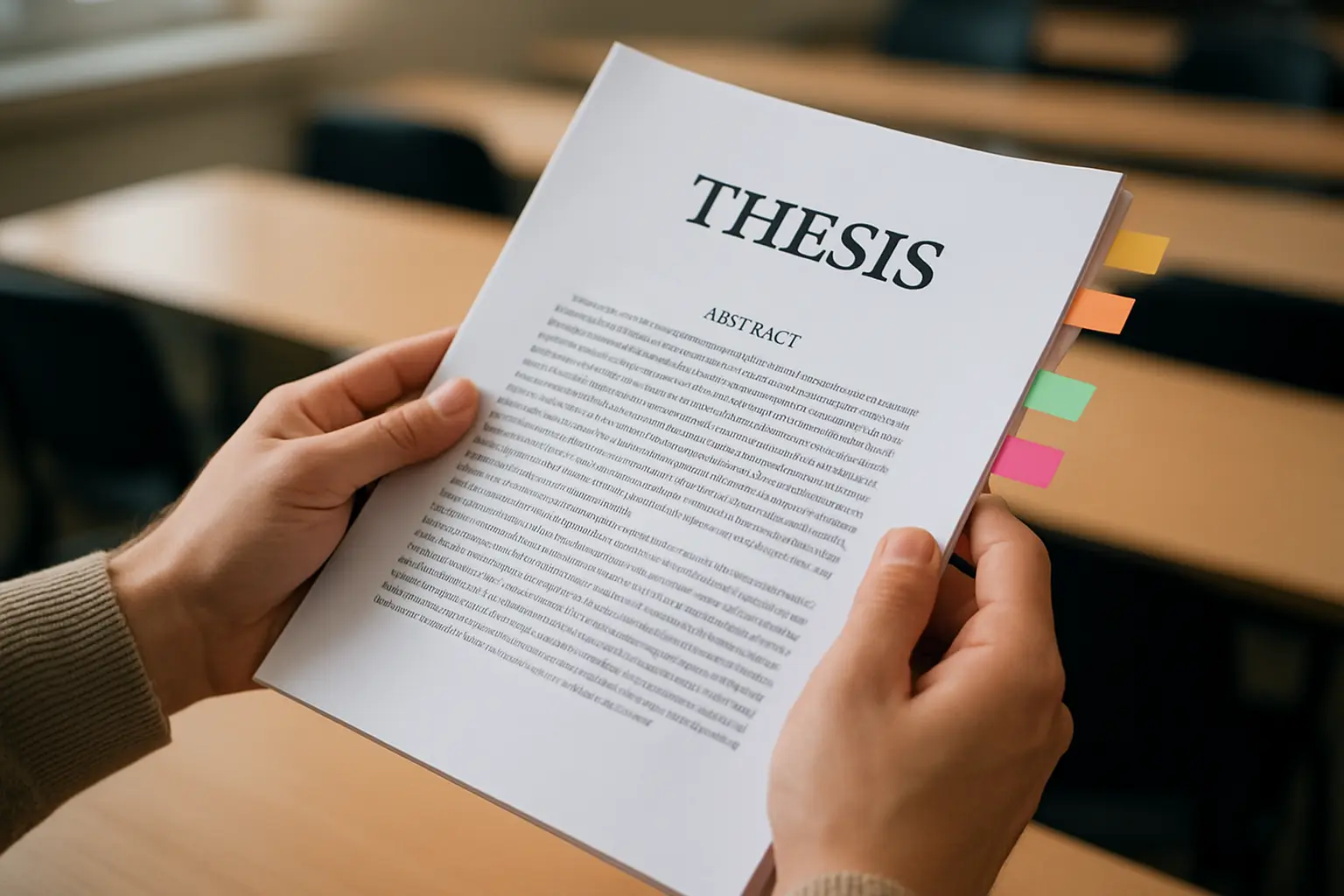 付箋で該当箇所に印をつけた卒業論文を手に持つ学生の手元