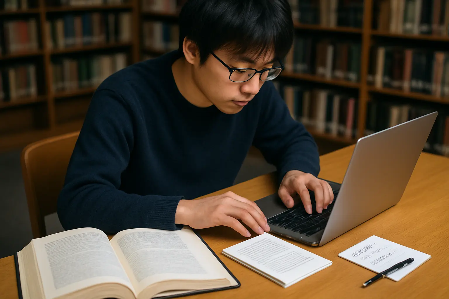 学術書の著者名・書名・出版社を確認しながら参考文献リストを入力する学生