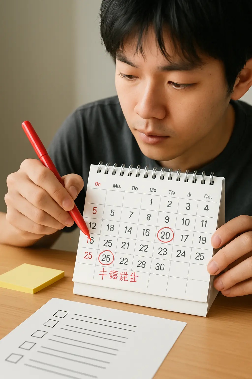 卓上カレンダーに卒論提出締切と口頭試問の日付を書き込む学生
